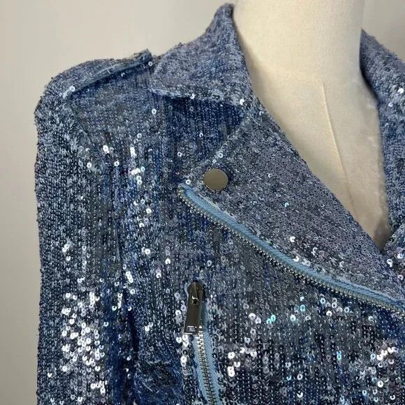Generation Love Robin Sequined Moto Jacket Zip Up‎ Long Sleeve Chambray XS $395 - Picture 5 of 7